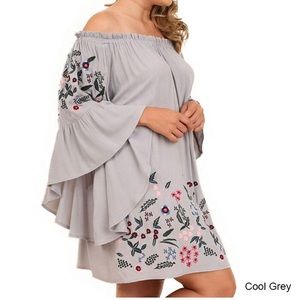Umgee Off The Shoulder Mini Dress Cool Gray Embroidered Floral‎ 3/4 Slv Sz S EUC